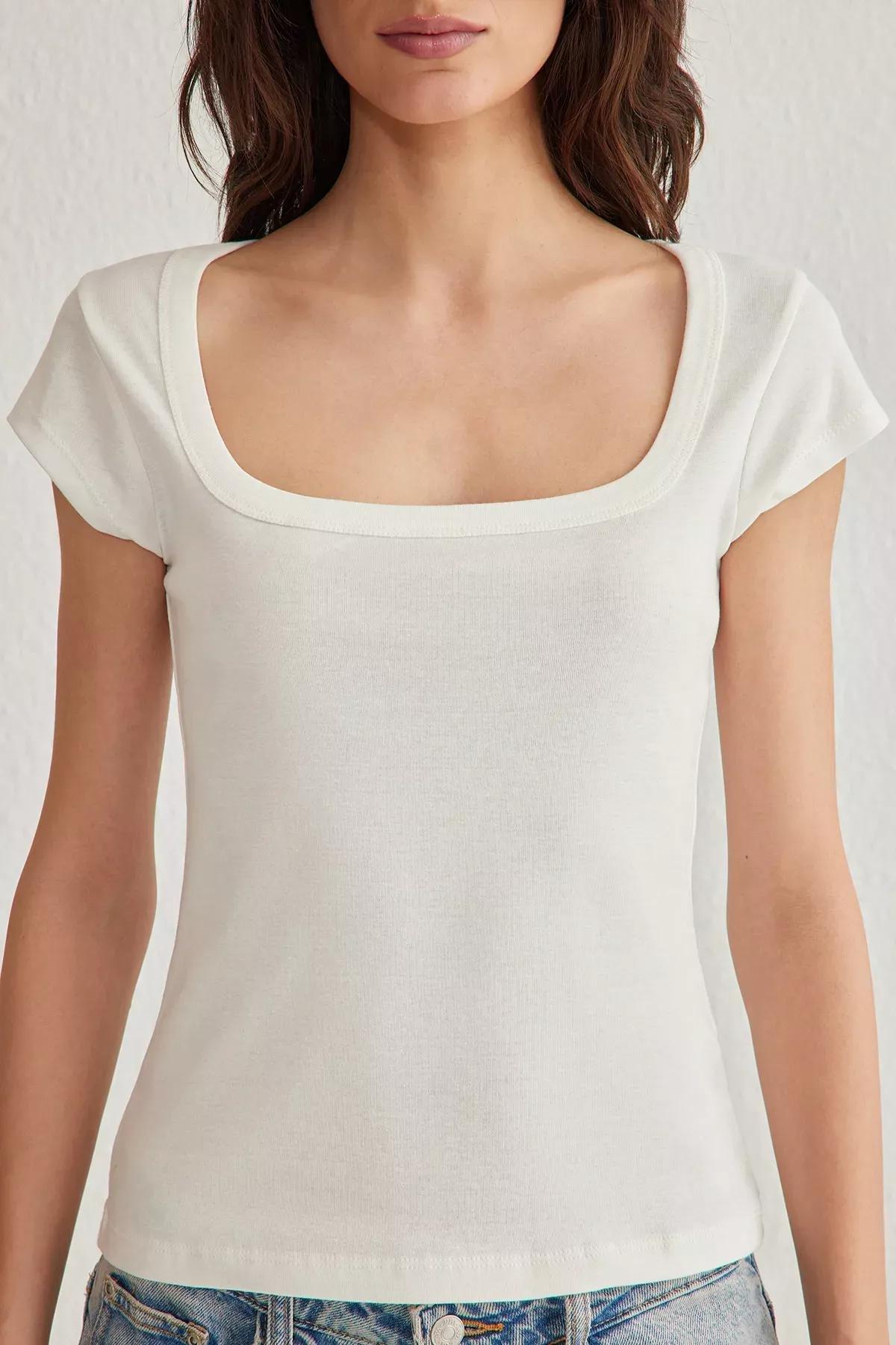 Beige Square Neck Knitted Blouse, Ecru, large image number 2