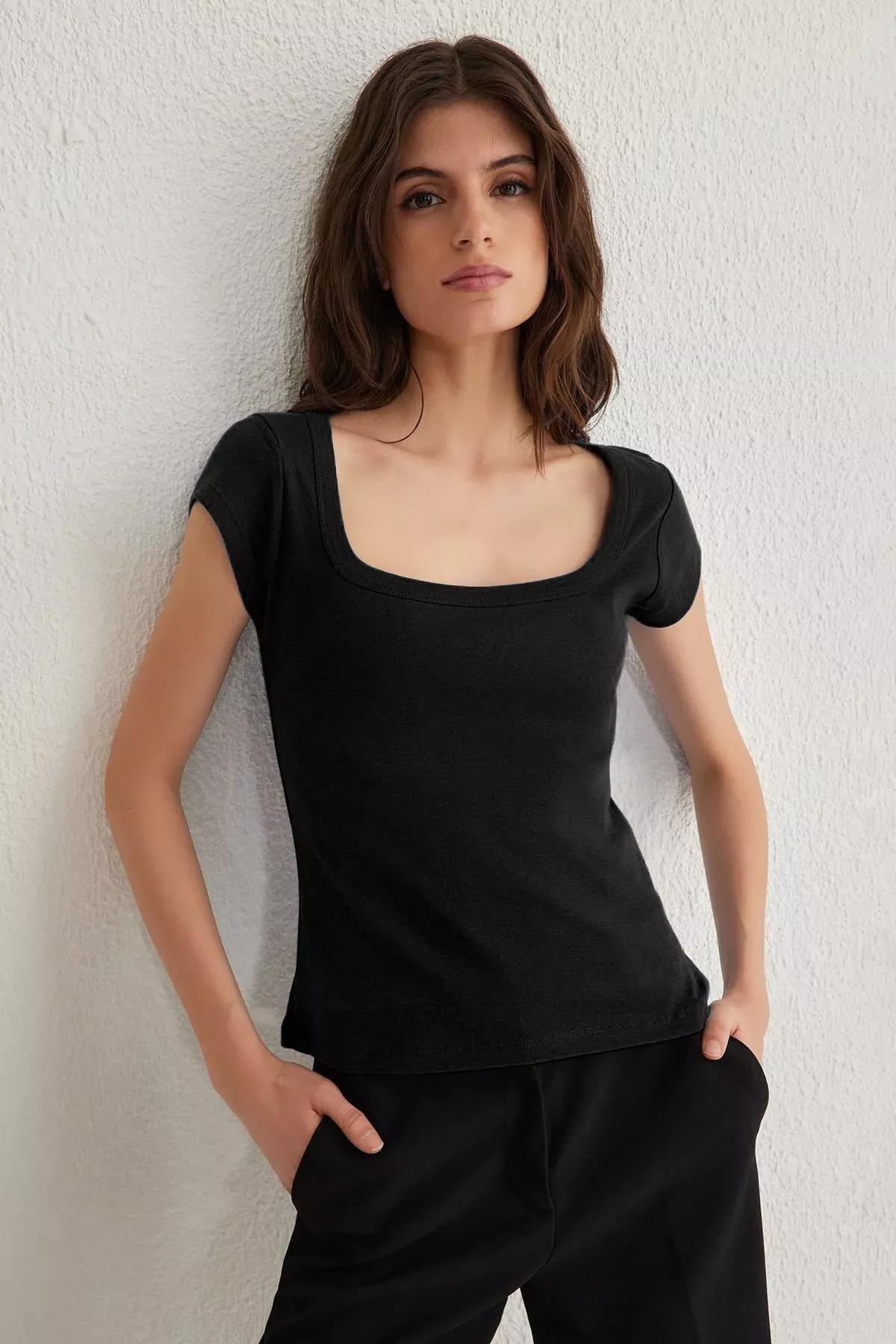 Black Square Neck Knitted Blouse, , large image number 0
