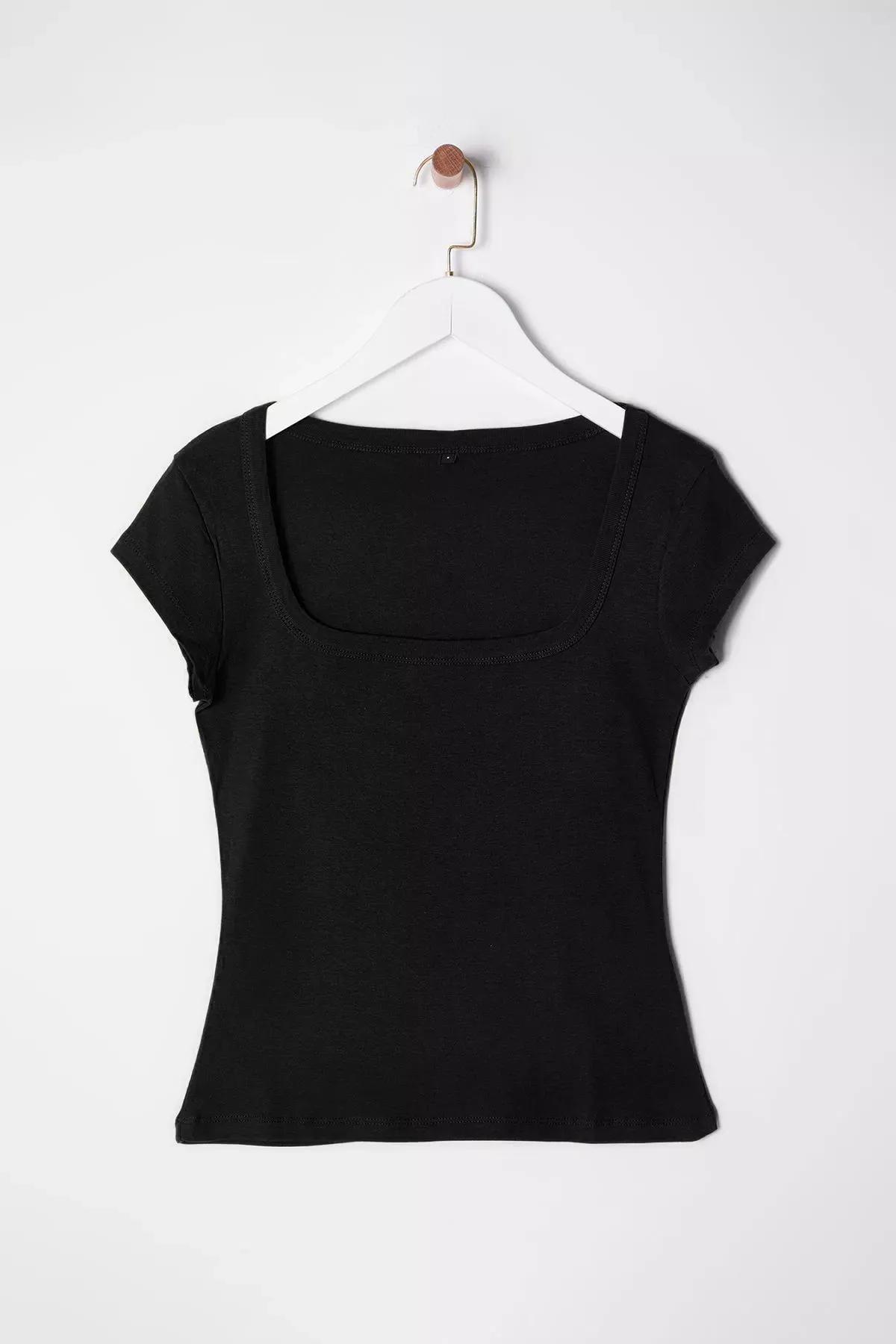 Black Square Neck Knitted Blouse, , large image number 6