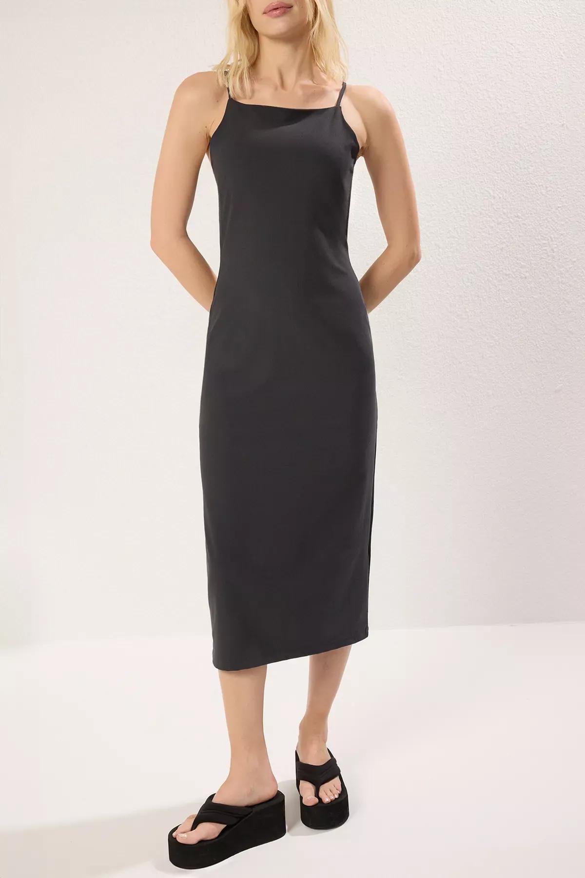 Black Square Neck Bodycon Midi Knit Dress, , large image number 2