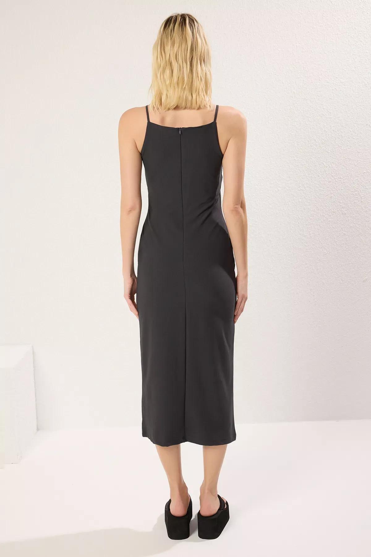 Black Square Neck Bodycon Midi Knit Dress, , large image number 4