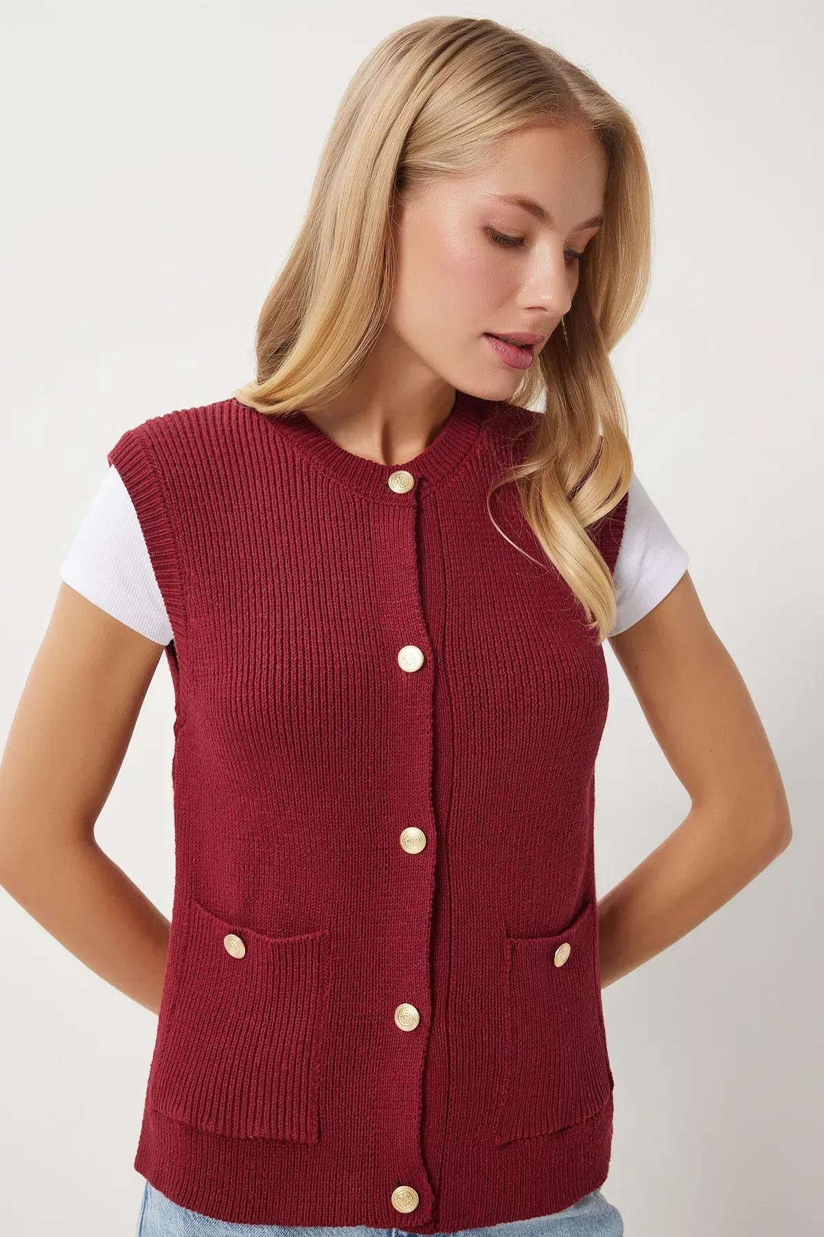 Burgundy Buttoned Pocket Knit Vest, C101_7277, large image number 0