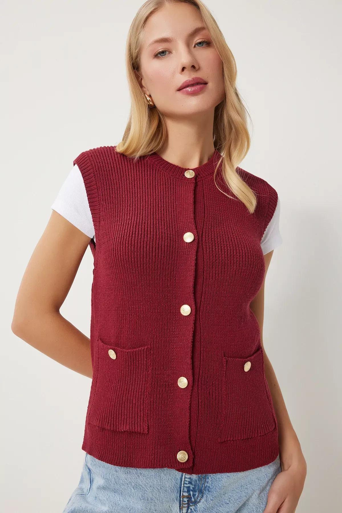Burgundy Buttoned Pocket Knit Vest, C101_7277, large image number 1