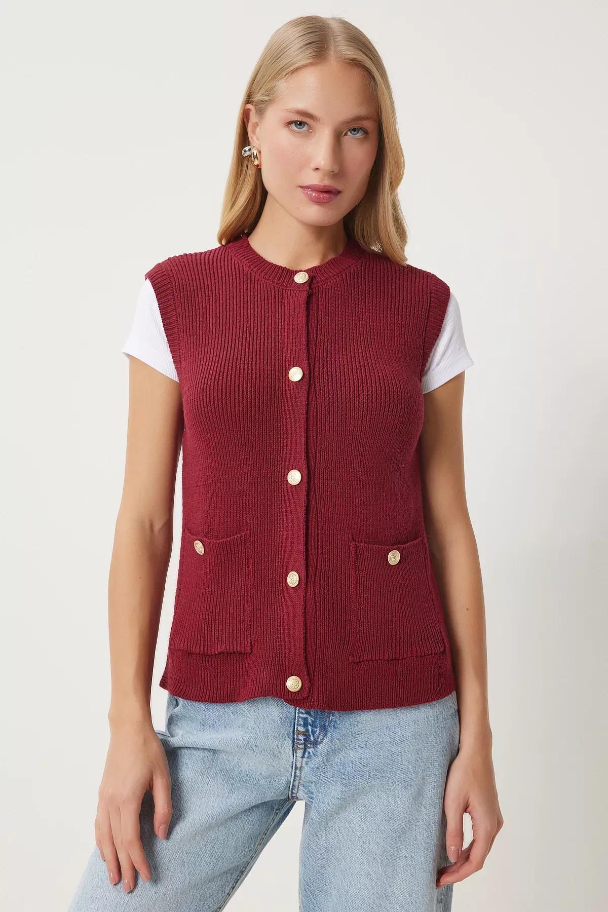 Burgundy Buttoned Pocket Knit Vest, C101_7277, large image number 2
