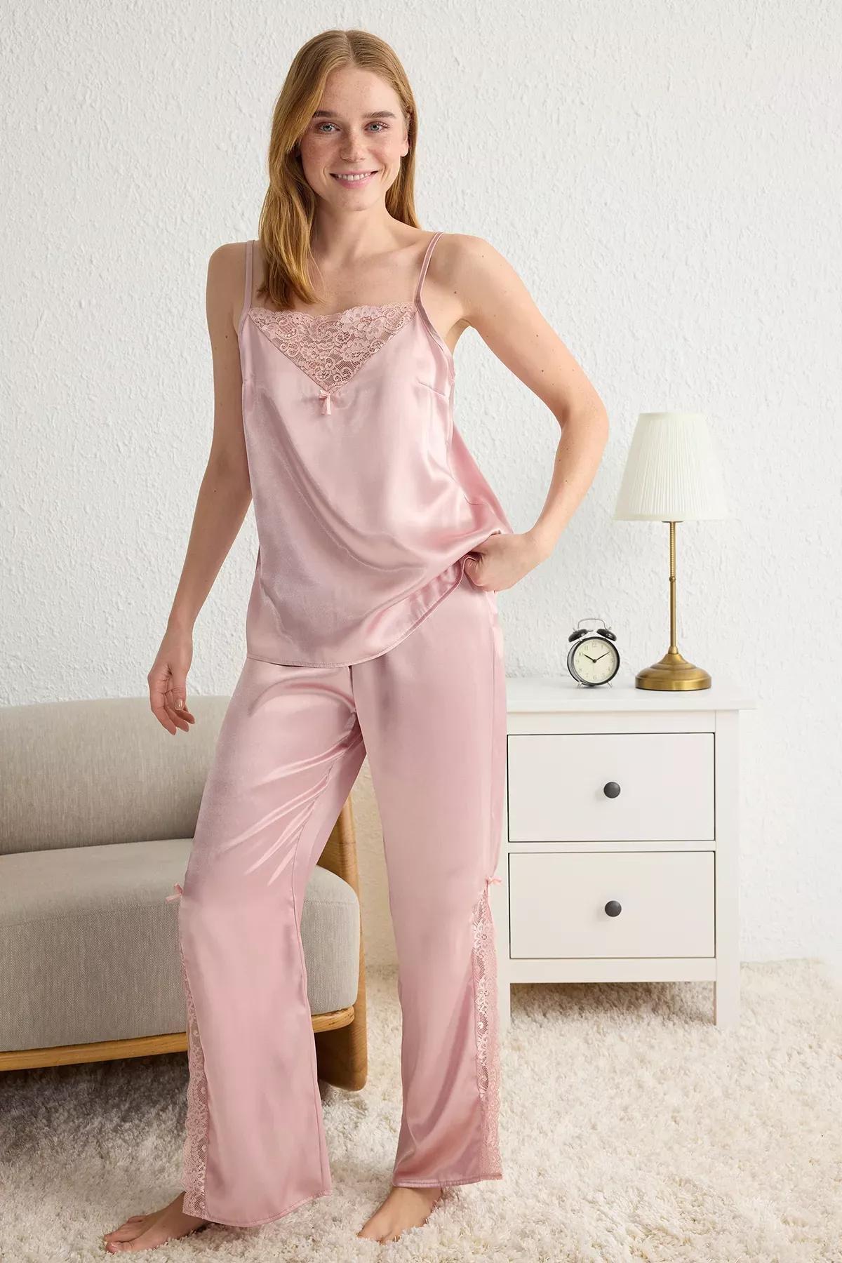 Pink Laced Slit Detailed Satin Pyjamas Set, C101_7329, large image number 0