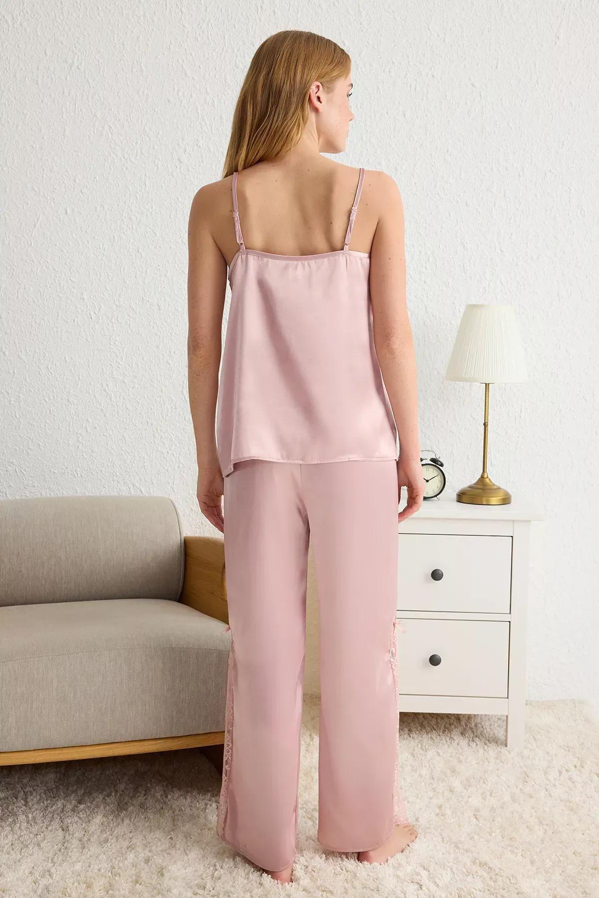 Pink Laced Slit Detailed Satin Pyjamas Set, C101_7329, large image number 4