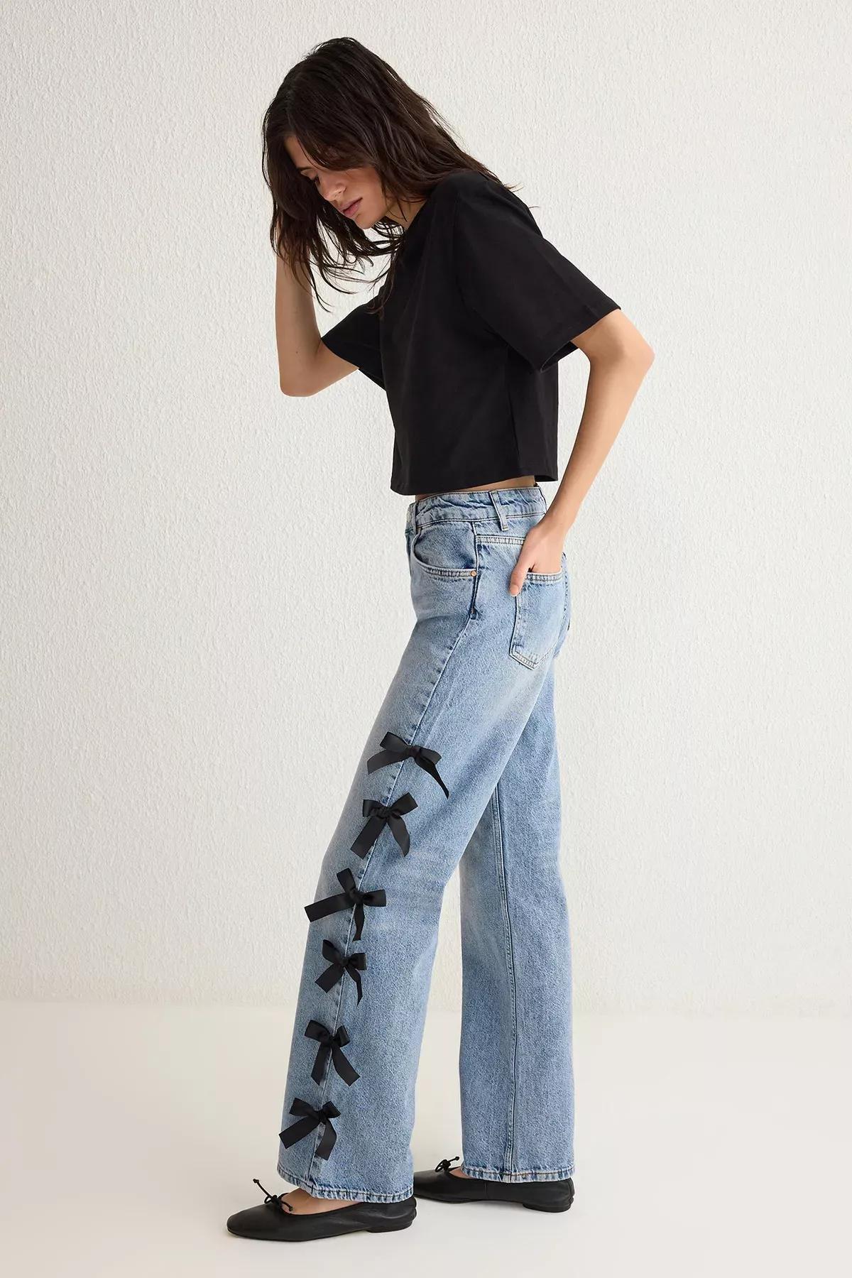 Blue Bow Wide Leg Jeans, Blue, medium