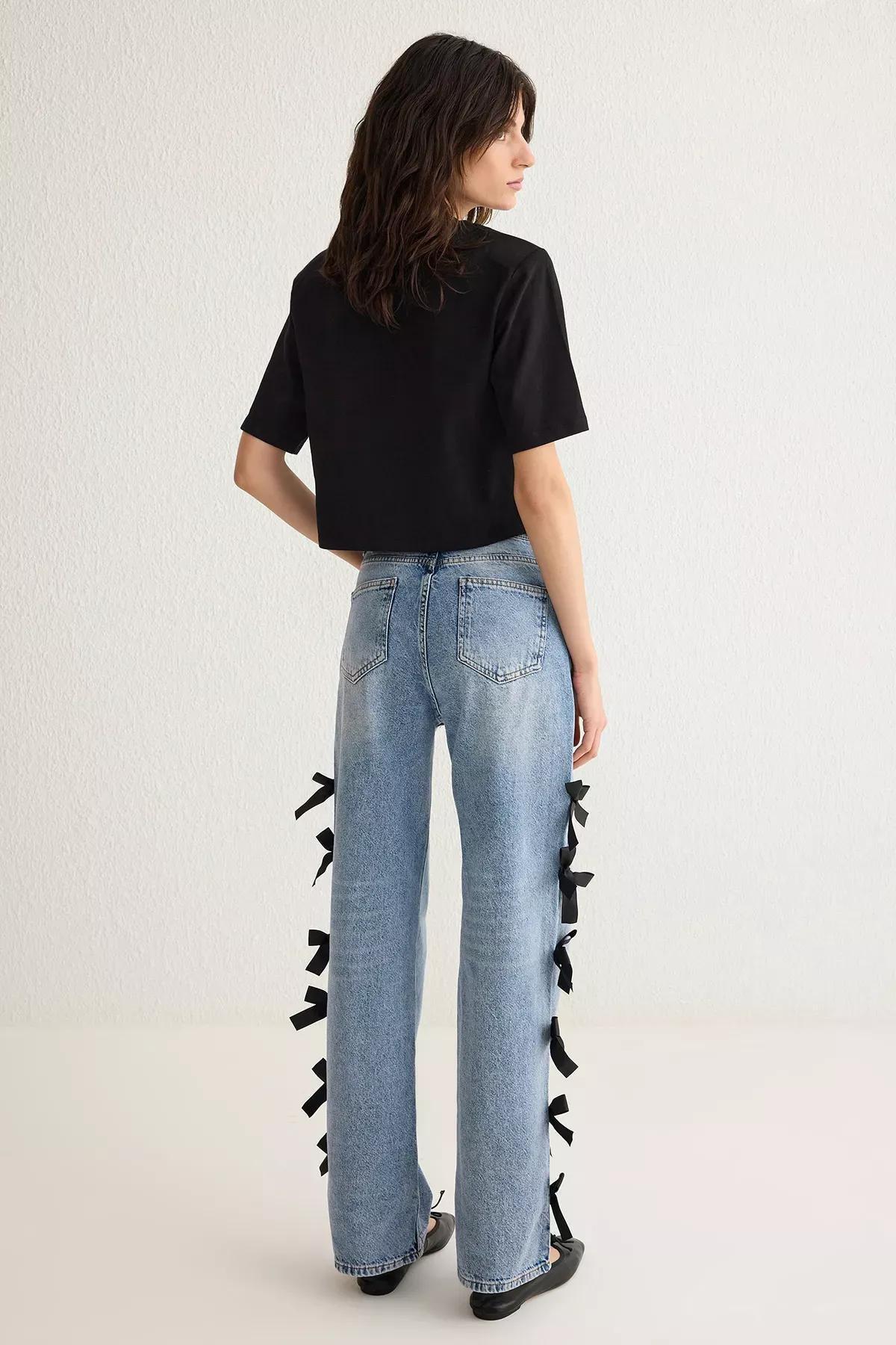 Blue Bow Wide Leg Jeans, Blue, large image number 4