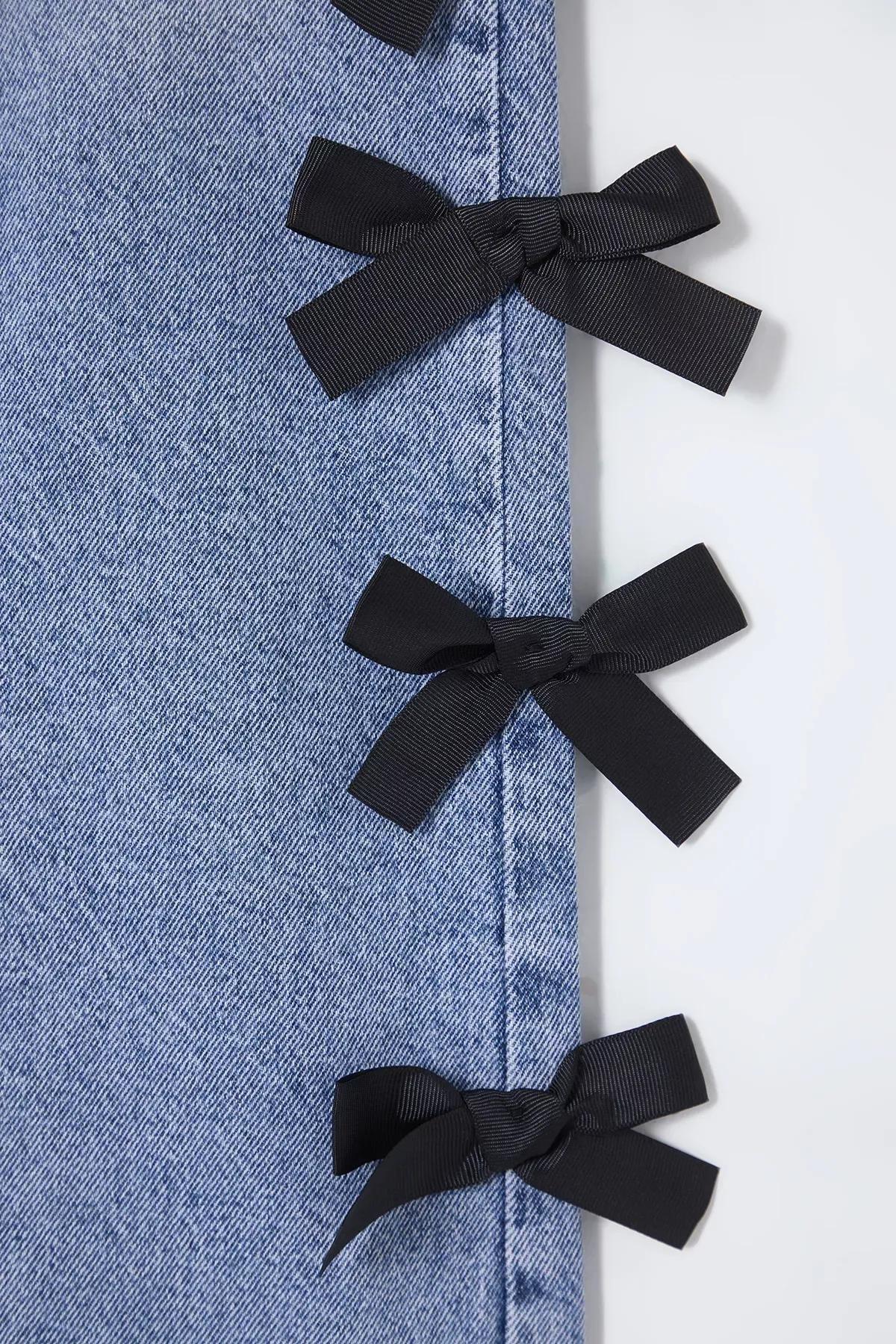 Blue Bow Wide Leg Jeans, Blue, large image number 5