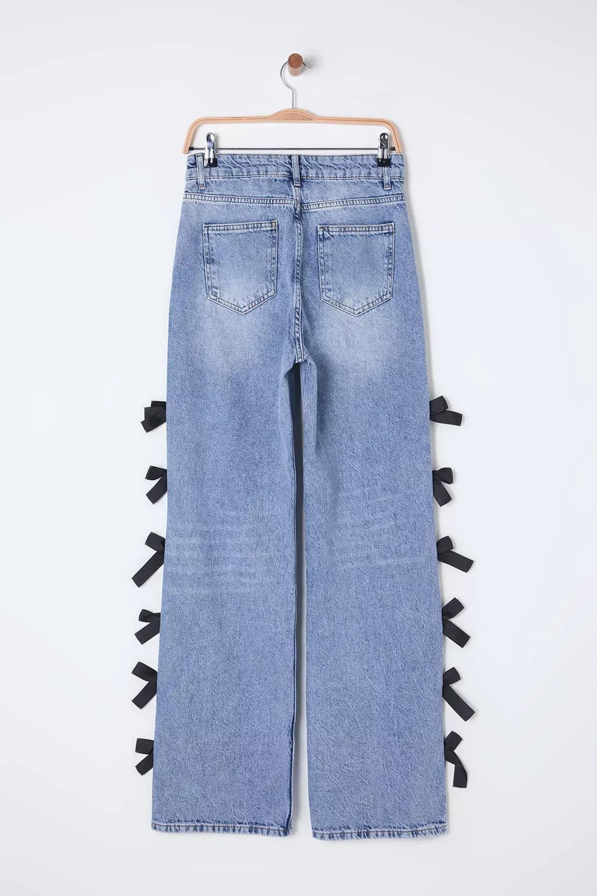 Blue Bow Wide Leg Jeans, Blue, large image number 7