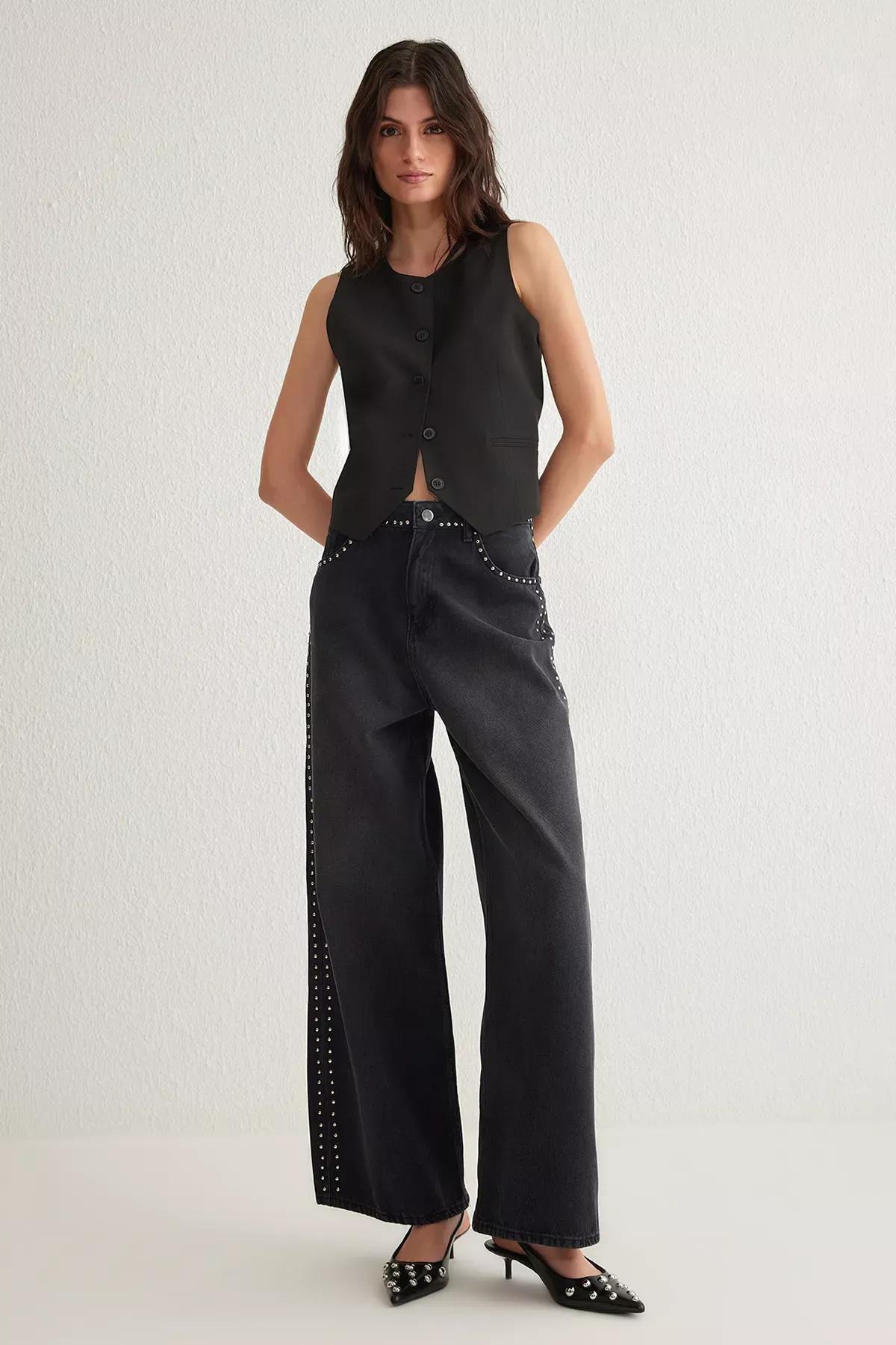 Black Reflective Palazzo Jeans, , large image number 0