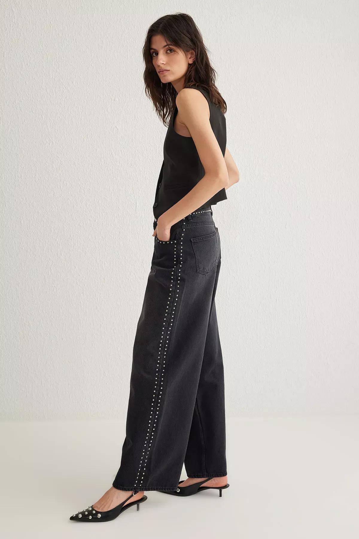 Black Reflective Palazzo Jeans, , large image number 1