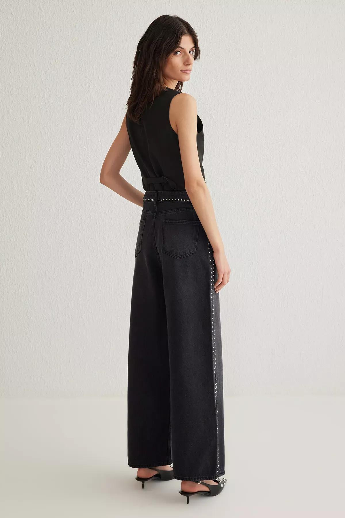 Black Reflective Palazzo Jeans, , large image number 4