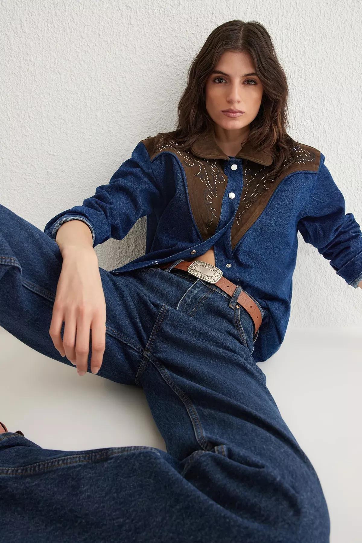 Blue Suede Embroidered Denim Jacket, , large image number 0