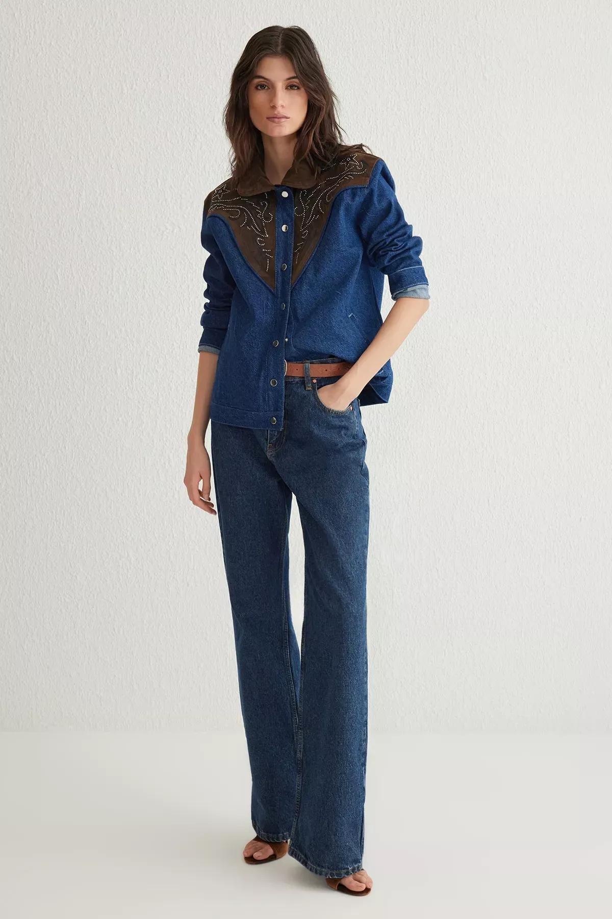 Blue Suede Embroidered Denim Jacket, , large image number 1