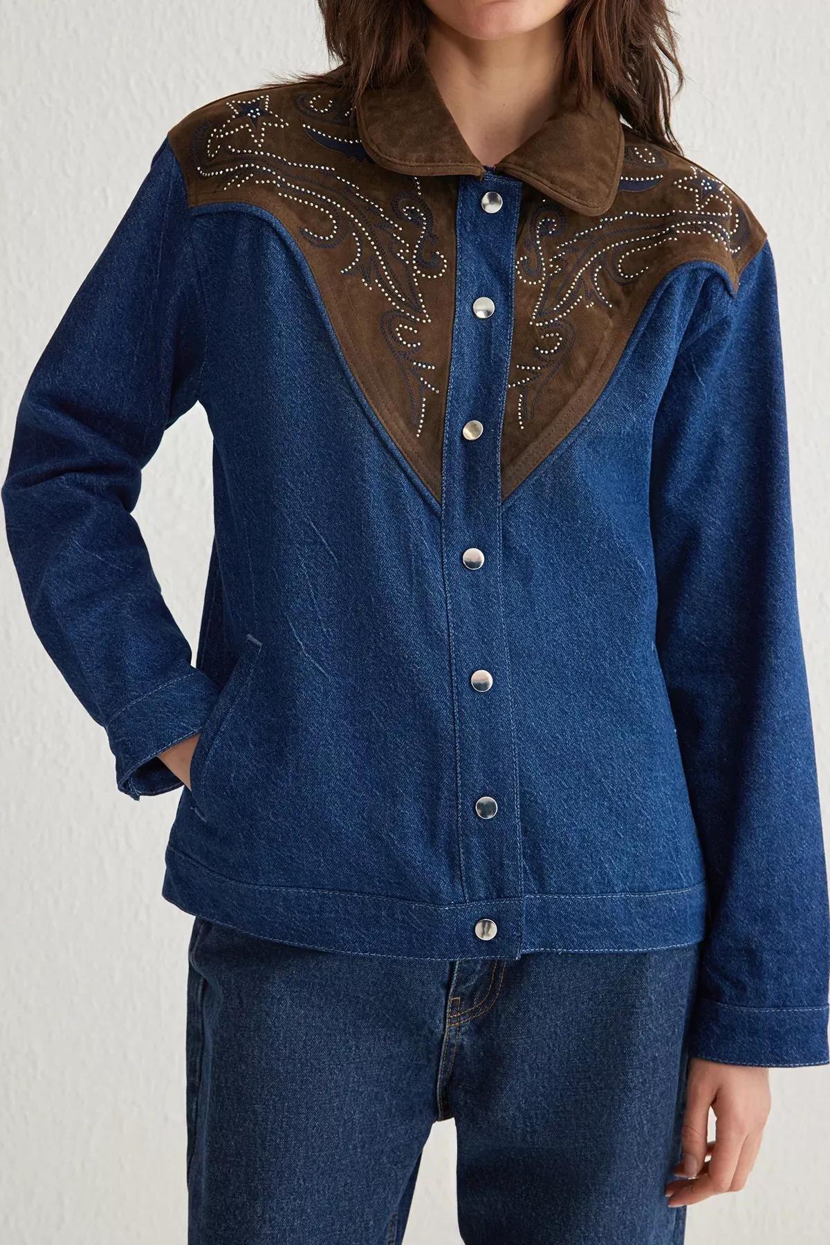 Blue Suede Embroidered Denim Jacket, , large image number 2