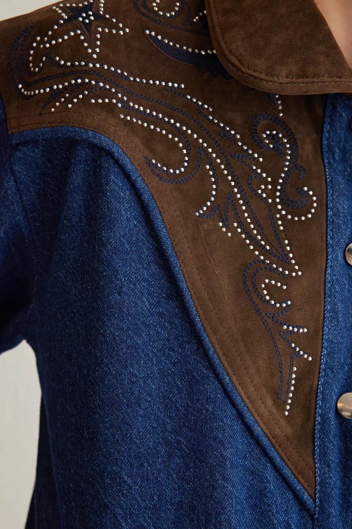 Blue Suede Embroidered Denim Jacket, , large image number 3