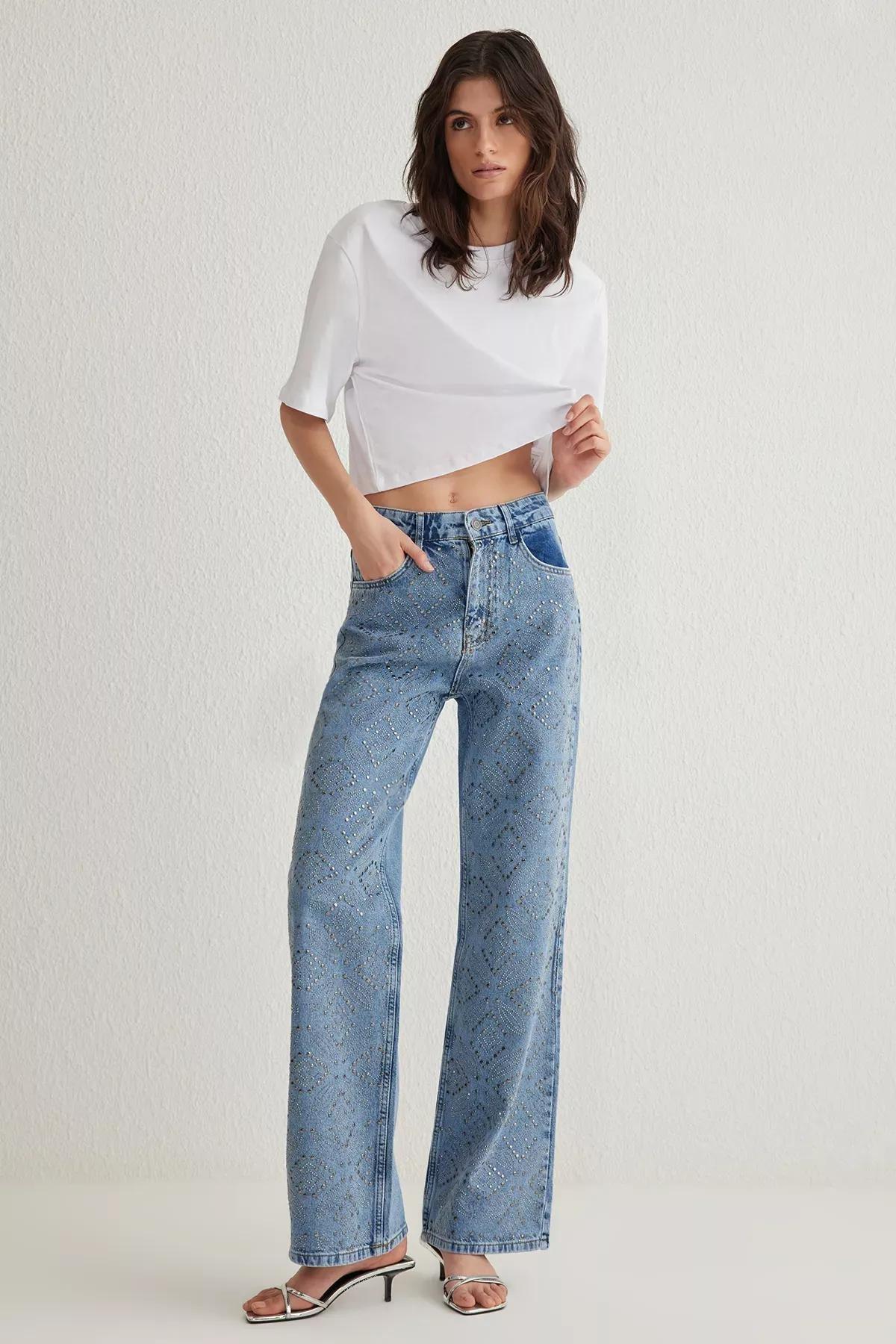 Blue Wide Leg Jeans, Blue, large image number 0