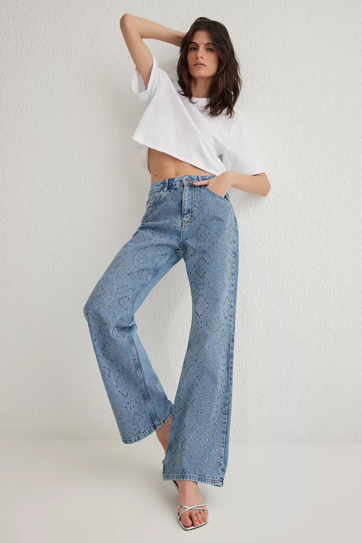 Blue Wide Leg Jeans, Blue, large image number 1