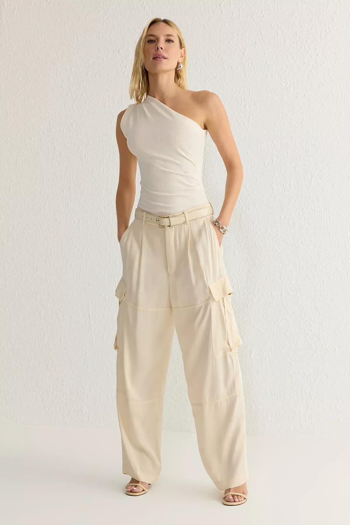 Beige Draped One Sleeve Knit Blouse, Ecru, large image number 1
