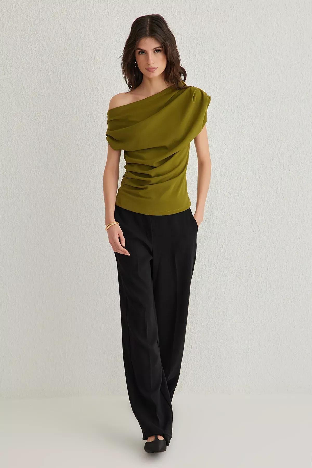 Green Asymmetric Collar Knitted Blouse, , large image number 1