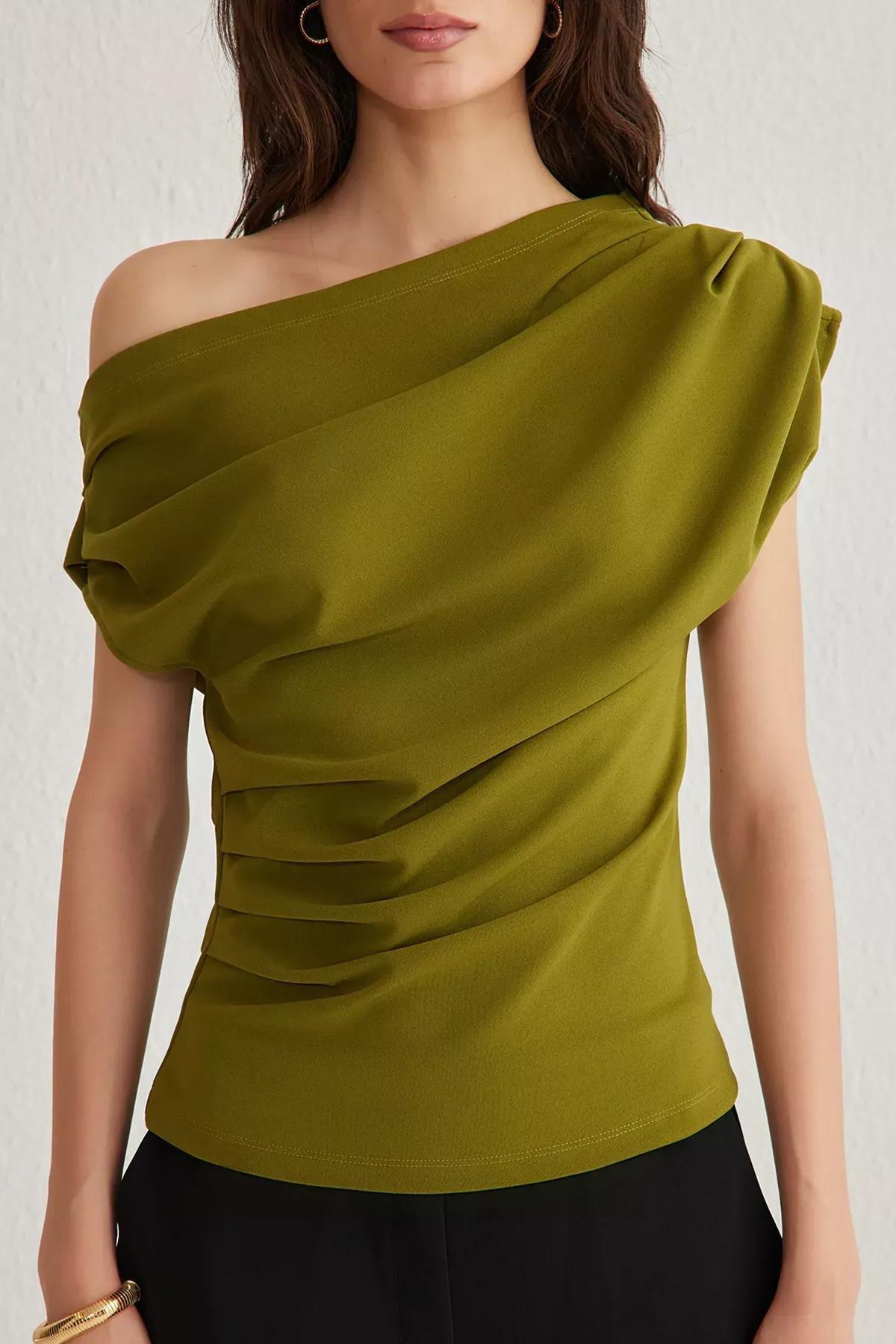 Green Asymmetric Collar Knitted Blouse, , large image number 2