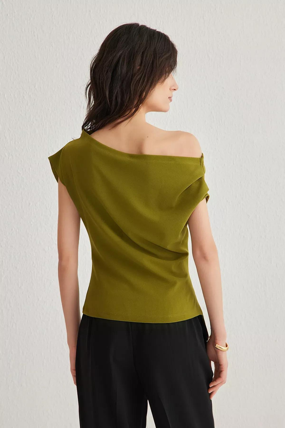 Green Asymmetric Collar Knitted Blouse, , large image number 4