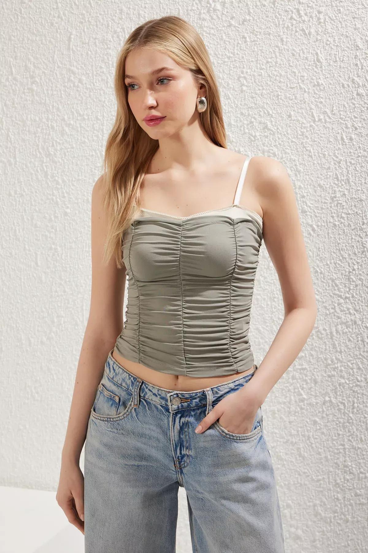 Green Lace Detail Color Block Knit Blouse, Khaki, large image number 0