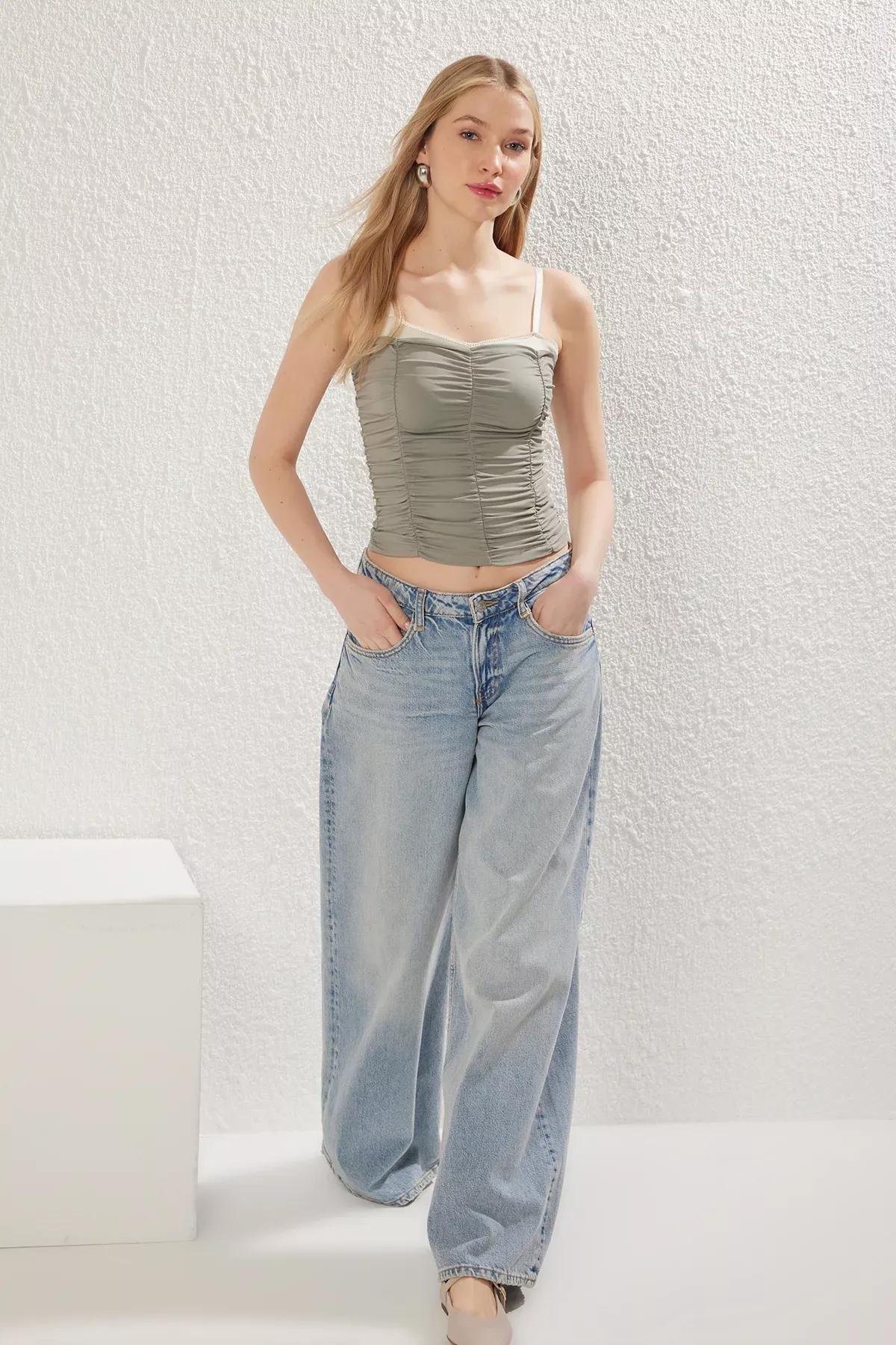 Green Lace Detail Color Block Knit Blouse, Khaki, large image number 1