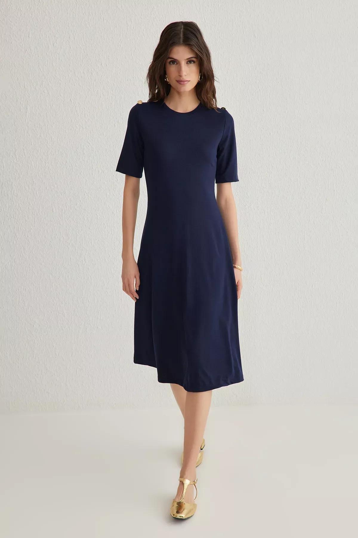 Navy Buttoned Midi Knitted Dress, , large image number 0
