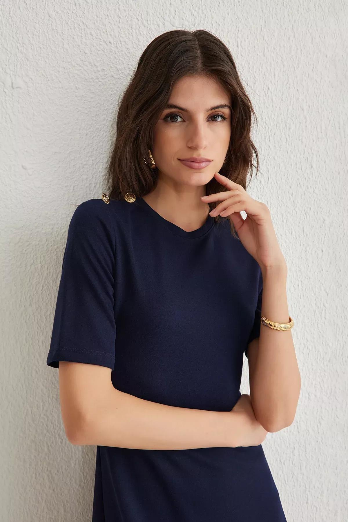 Navy Buttoned Midi Knitted Dress, , large image number 1