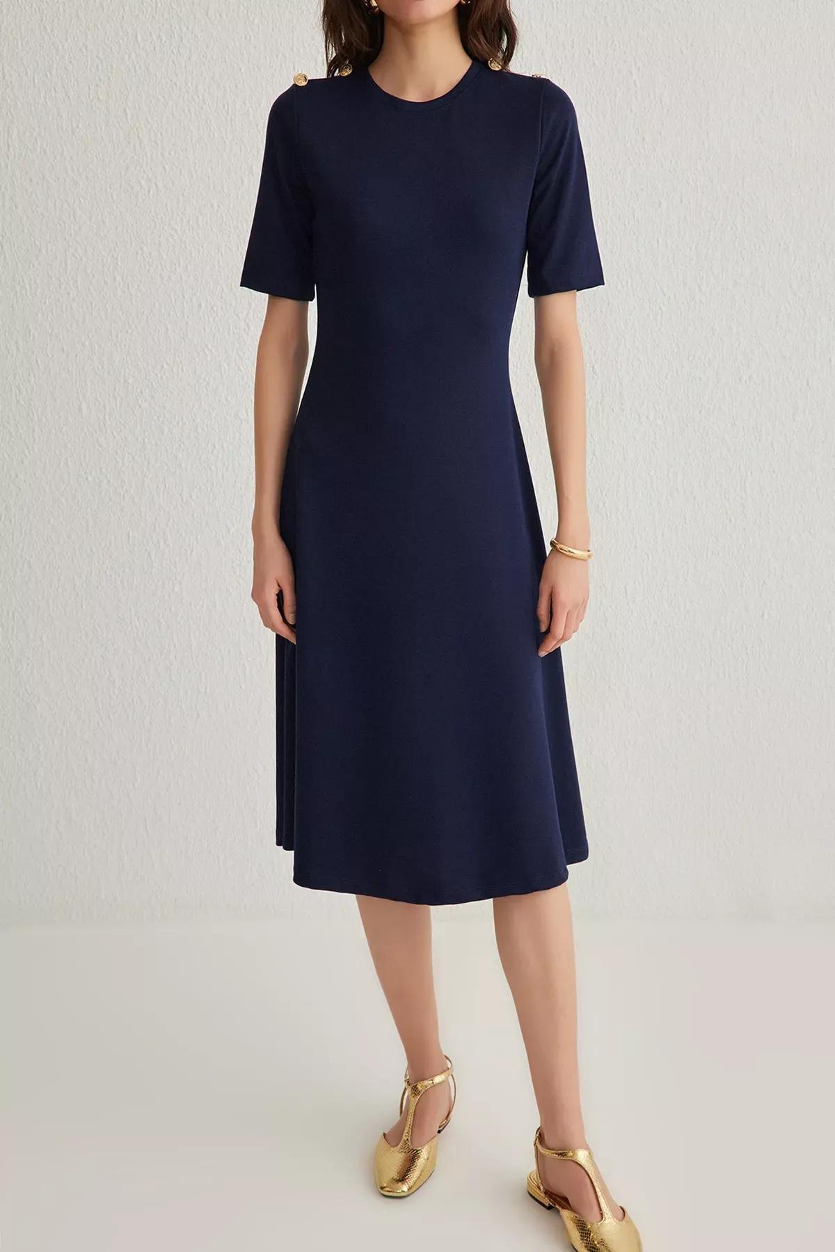 Navy Buttoned Midi Knitted Dress, , large image number 2