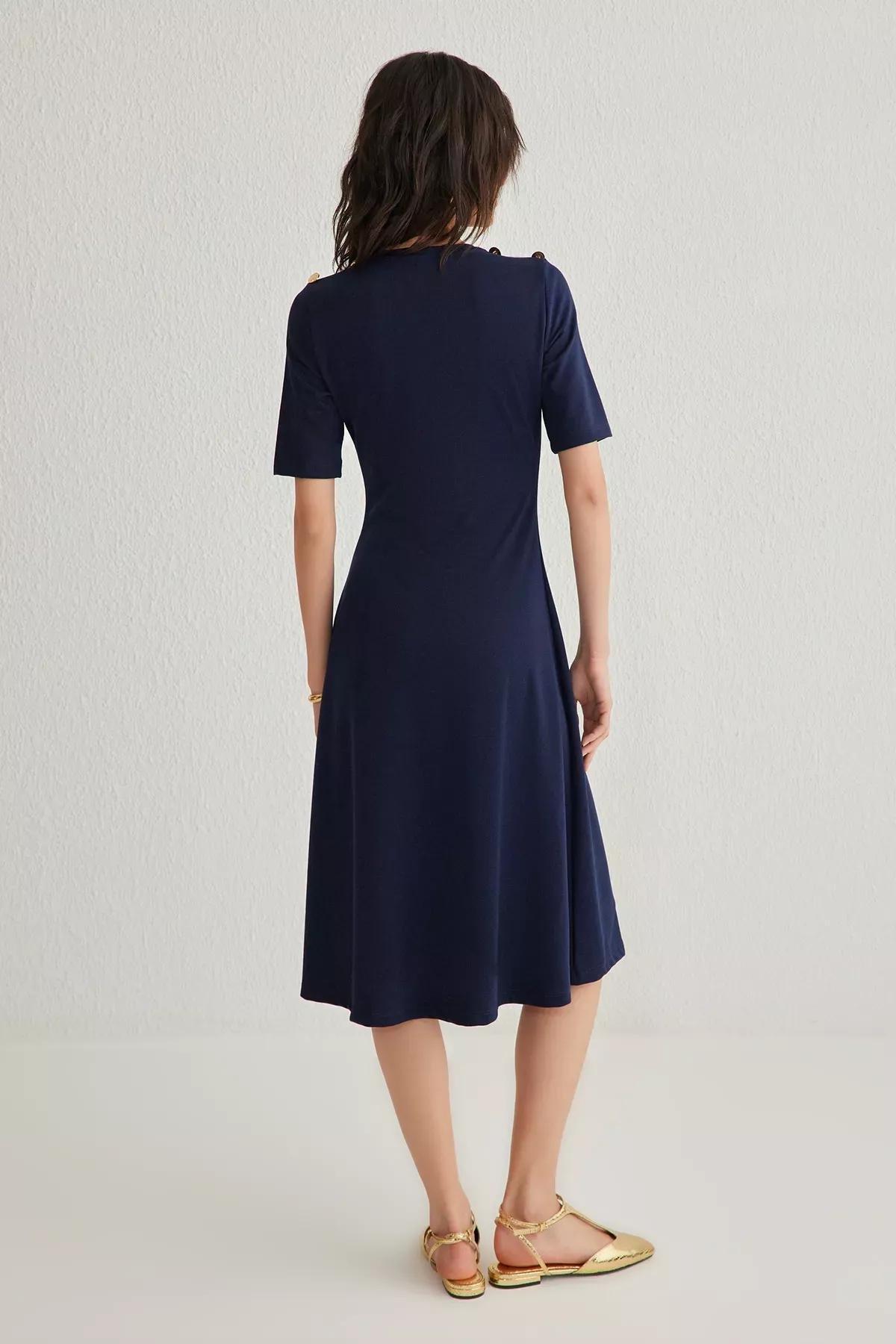 Navy Buttoned Midi Knitted Dress, , large image number 4