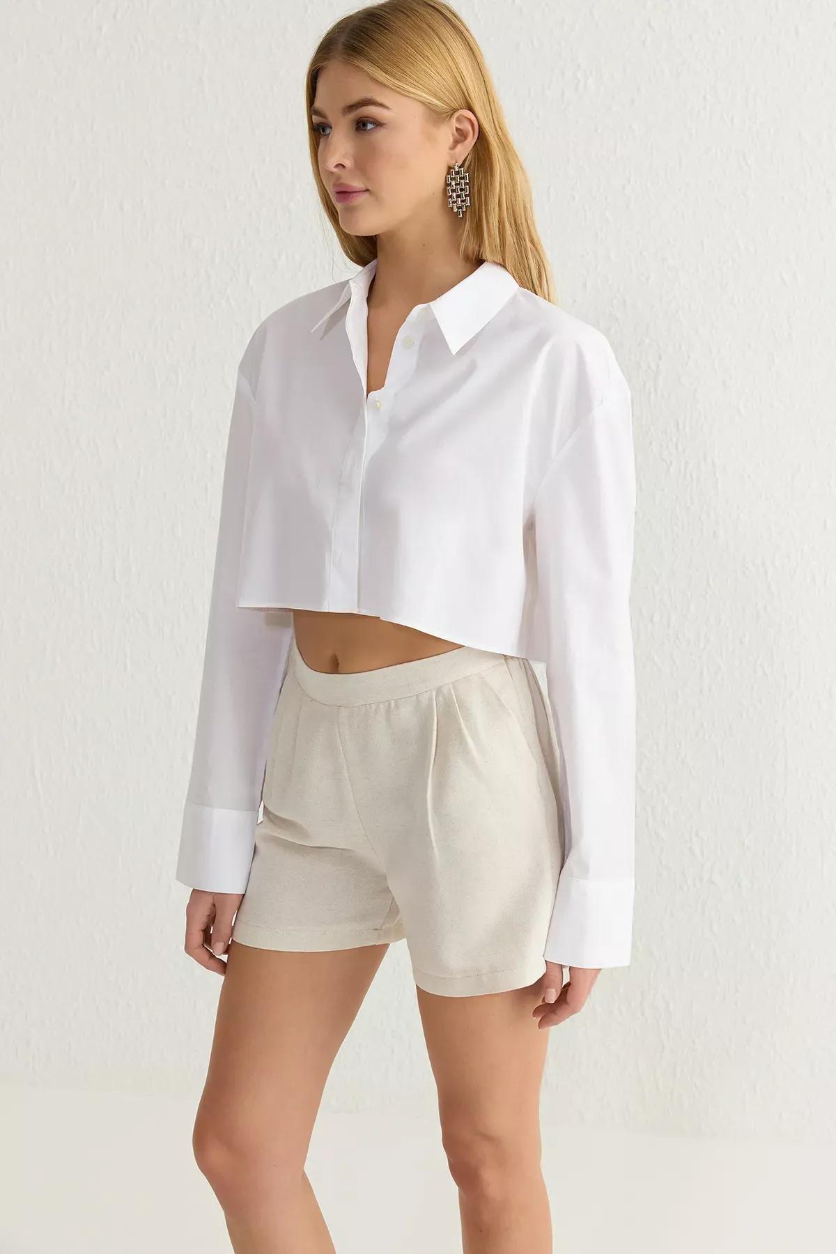 Beige Elastic Waist Shorts, , large image number 1