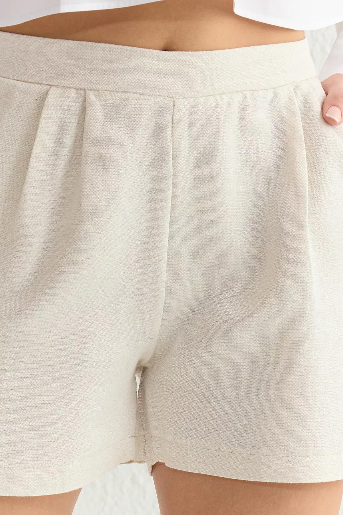 Beige Elastic Waist Shorts, , large image number 3