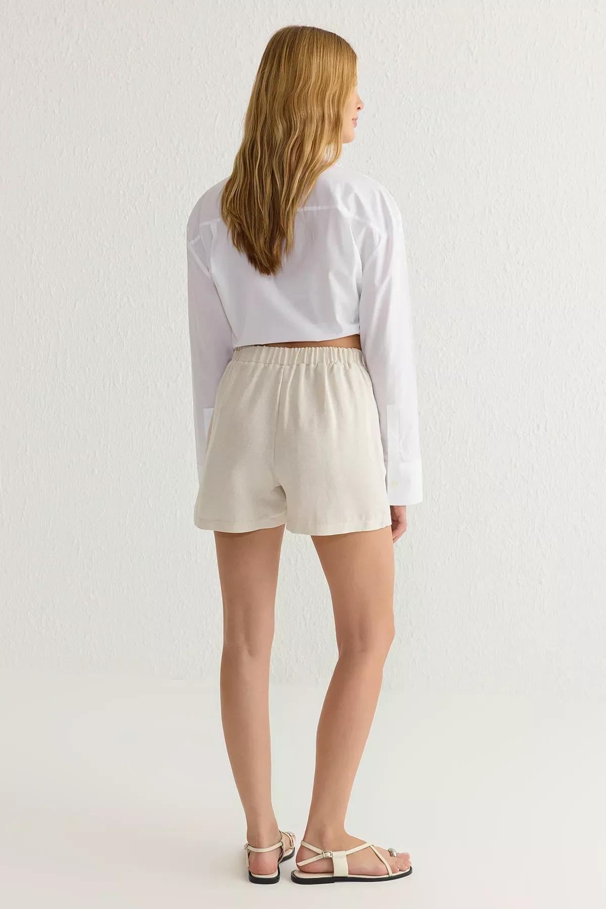 Beige Elastic Waist Shorts, , large image number 4