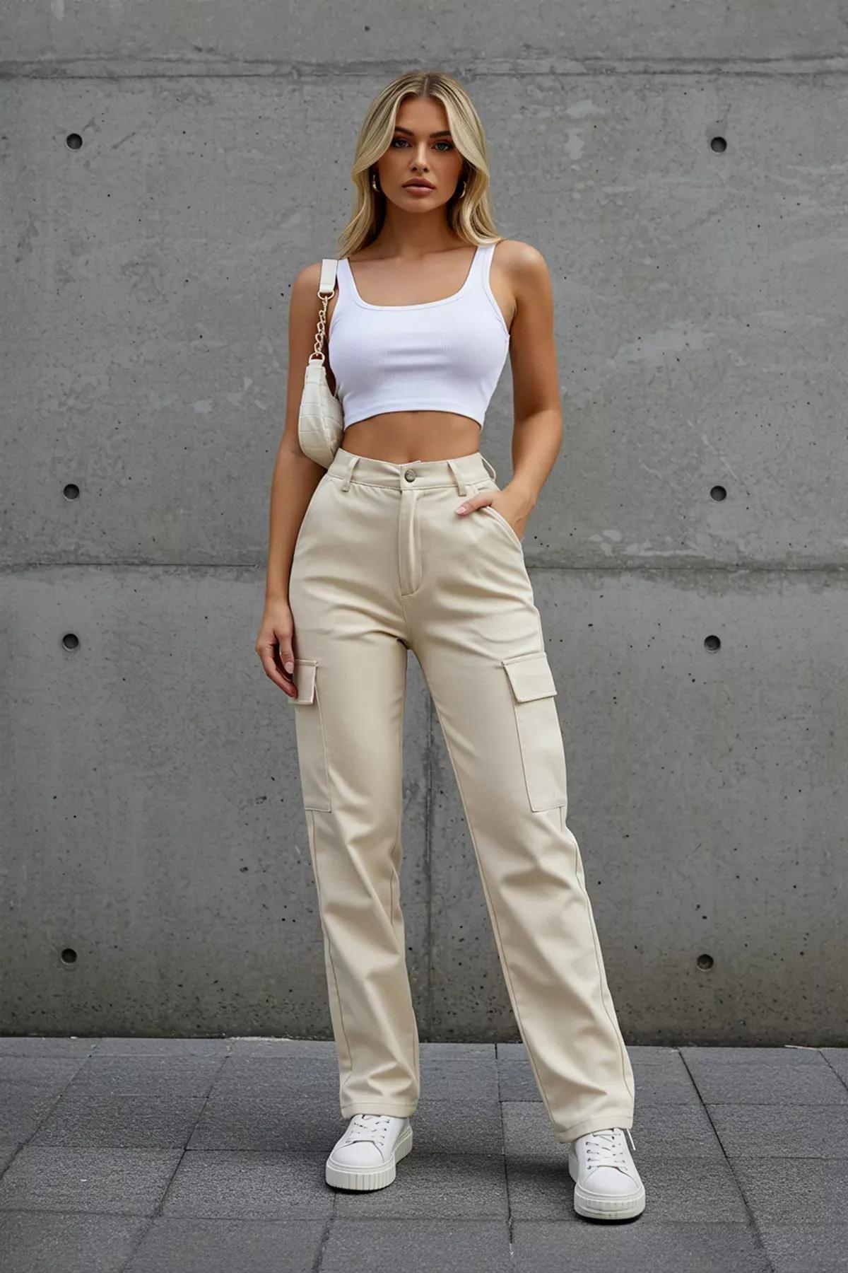 Beige Cargo Straight Cut Trousers, , large image number 0