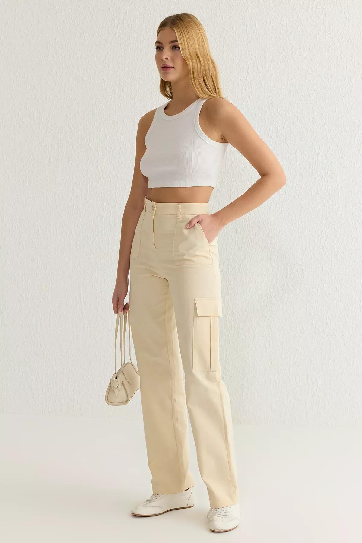 Beige Cargo Straight Cut Trousers, , large image number 1