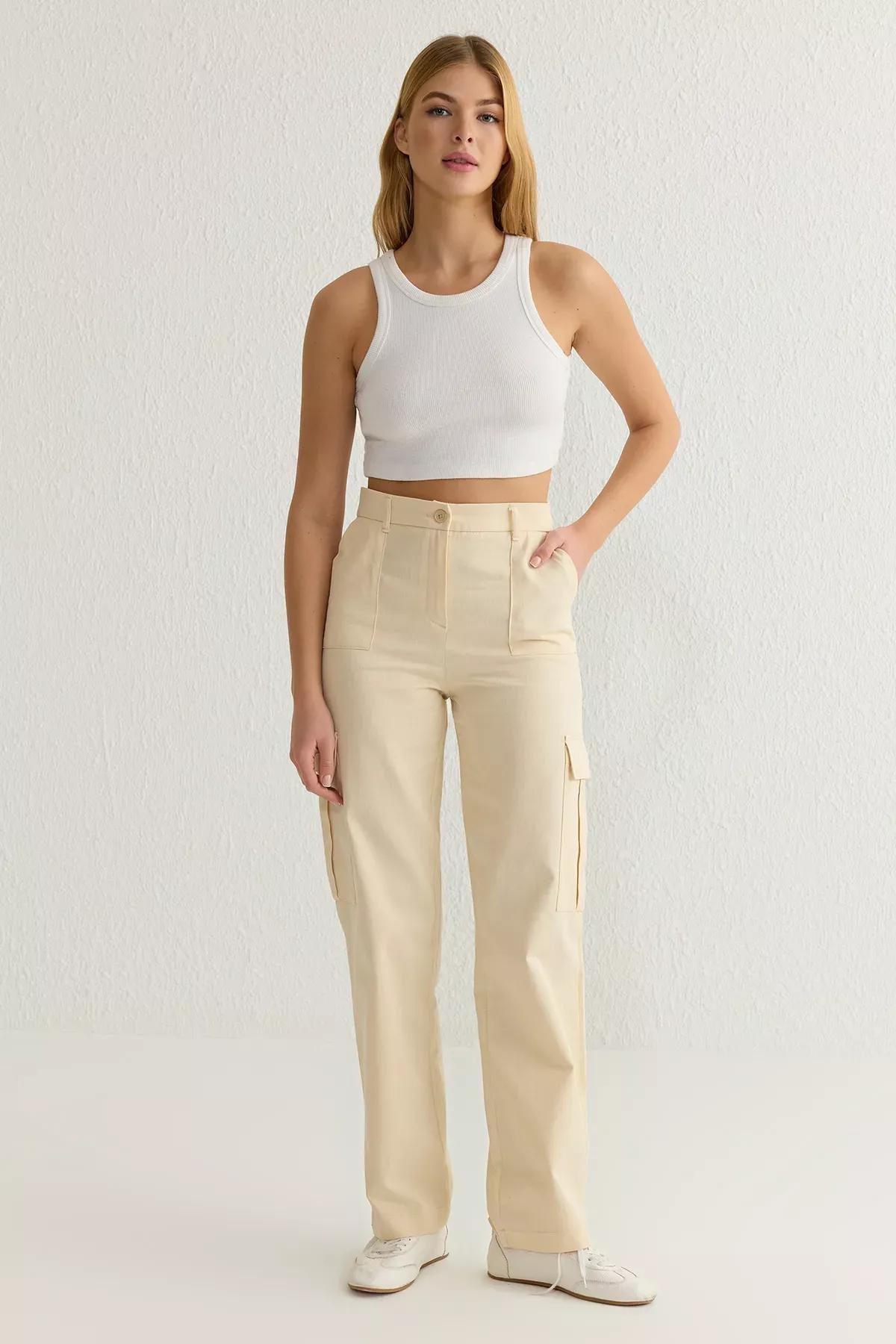 Beige Cargo Straight Cut Trousers, , large image number 2