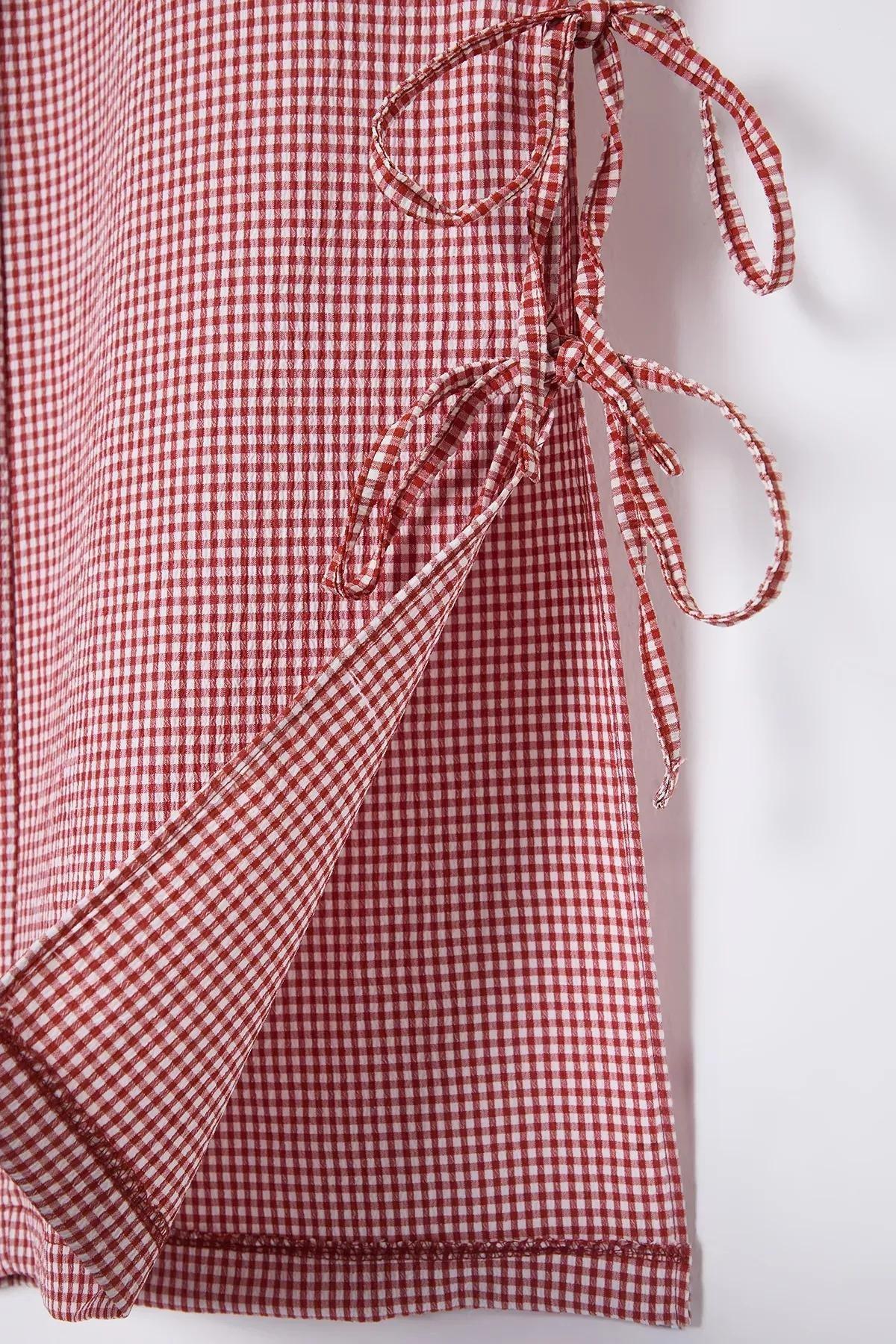 بنطال بقصة ساق عريضة بنقشة مربعات غينغهام، أحمر, C101_1478, large image number 4