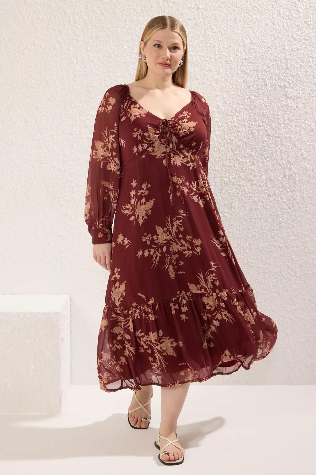 Burgundy Chiffon Floral Plus Dress, Burgundy, large image number 0