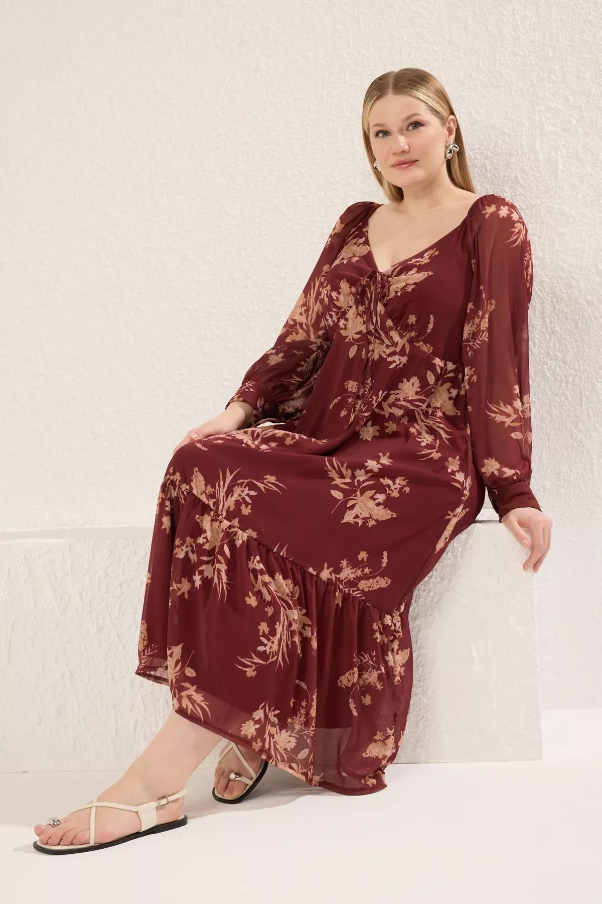 Burgundy Chiffon Floral Plus Dress, Burgundy, large image number 1