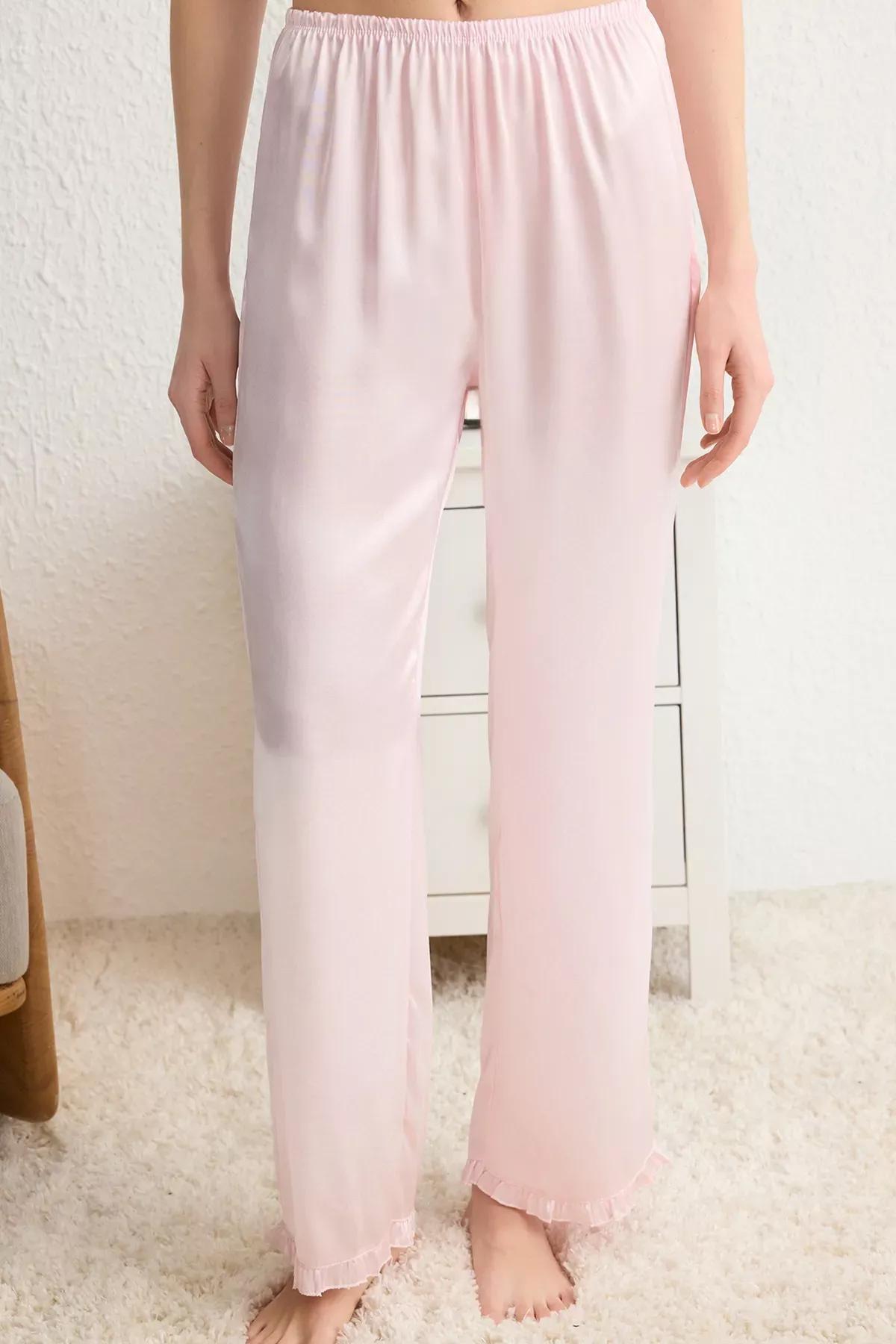 Pink Ruffled Rope Strap Satin Pajama Set, , large image number 3