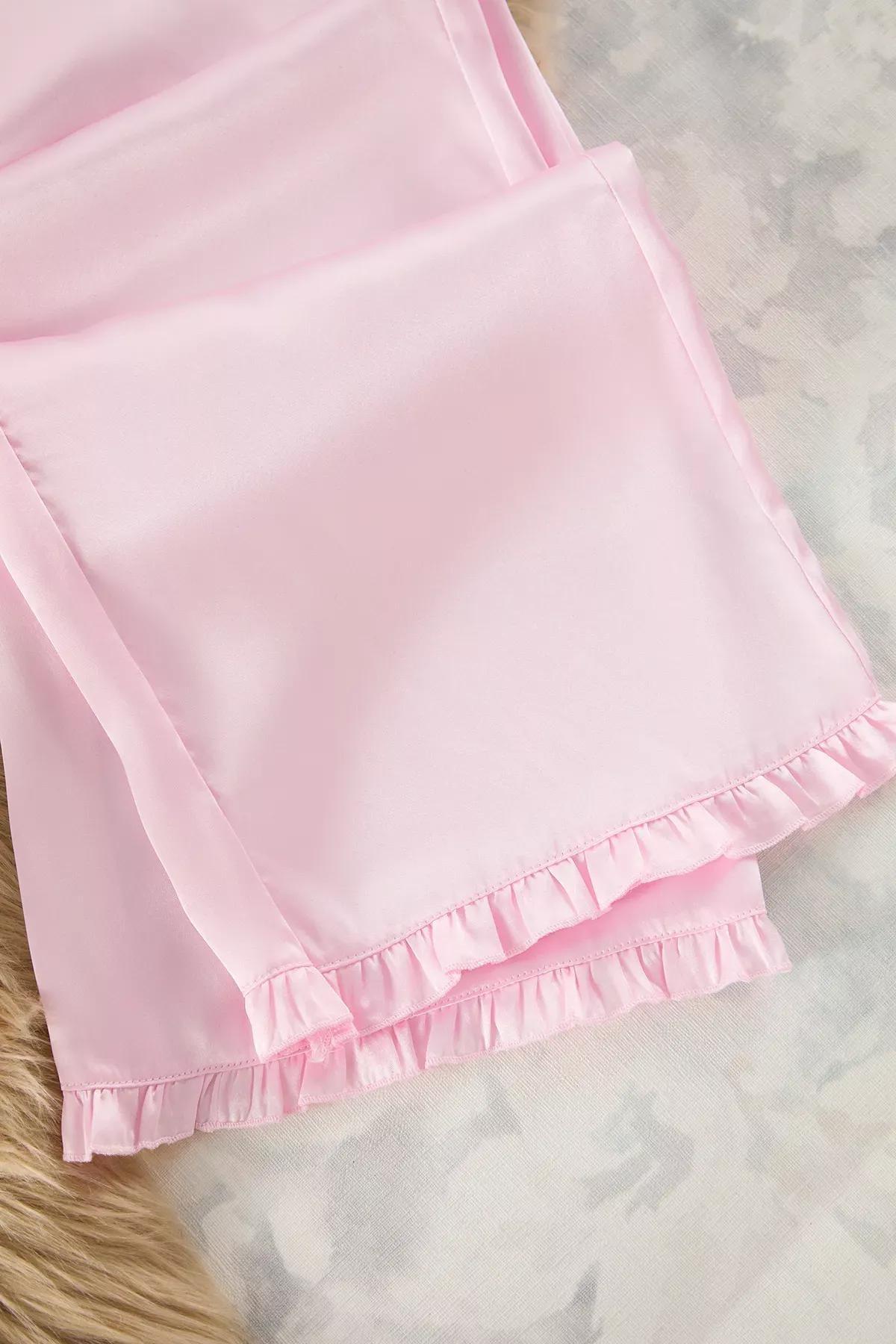 Pink Ruffled Rope Strap Satin Pajama Set, , large image number 5