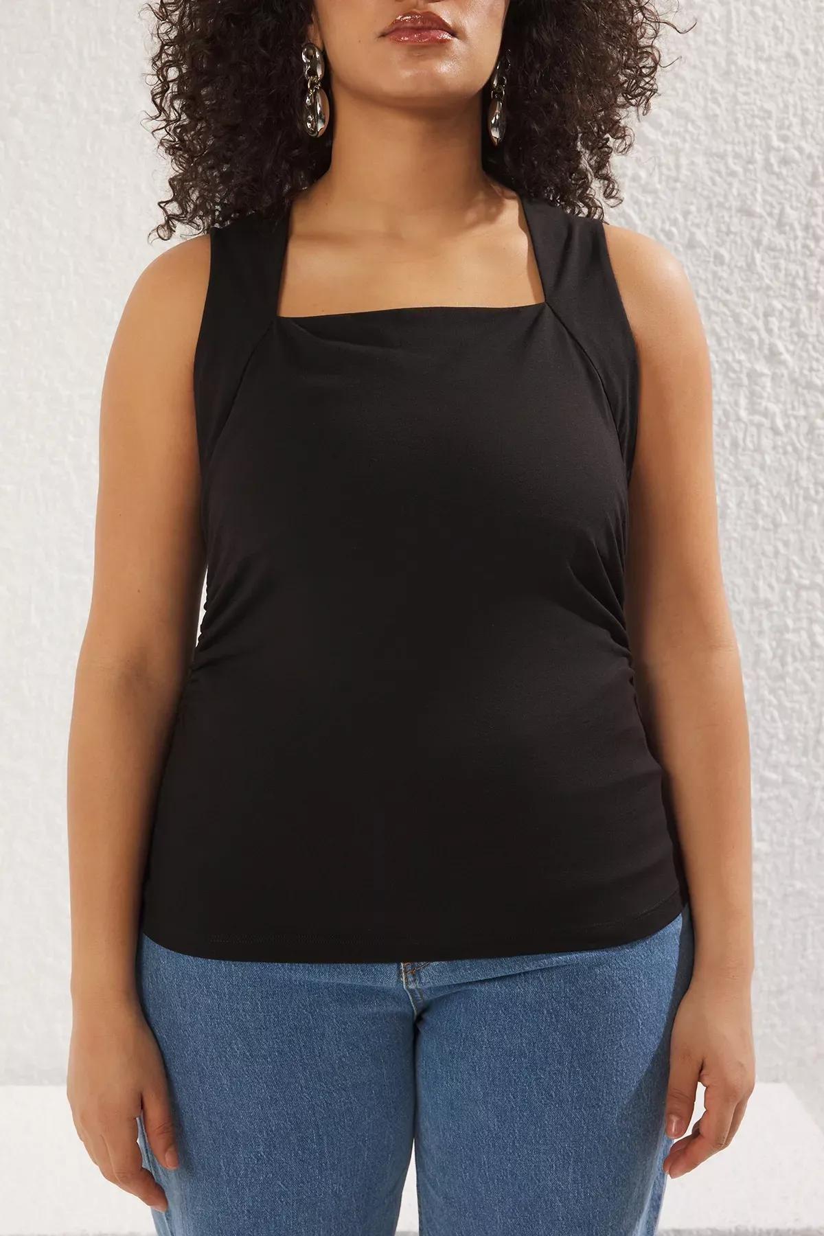 Black Plain Square Neck Strappy Gathered Blouse, , large image number 2