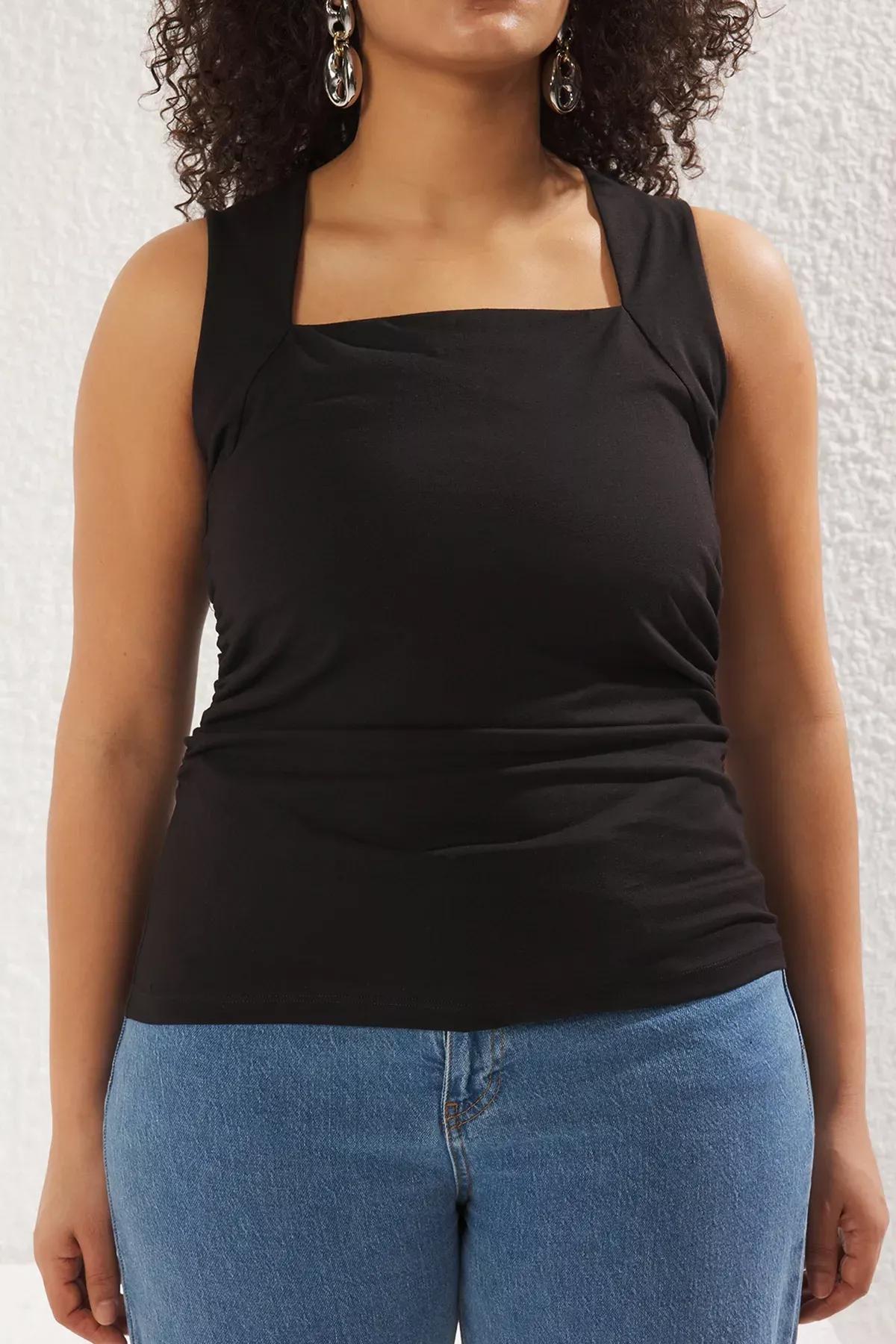 Black Plain Square Neck Strappy Gathered Blouse, , large image number 3