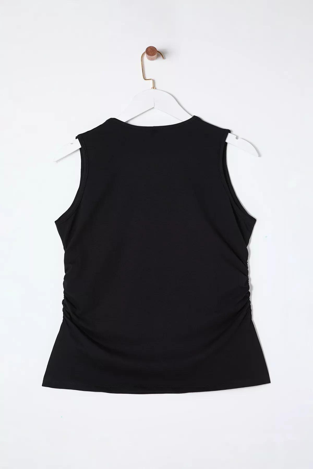 Black Plain Square Neck Strappy Gathered Blouse, , large image number 7