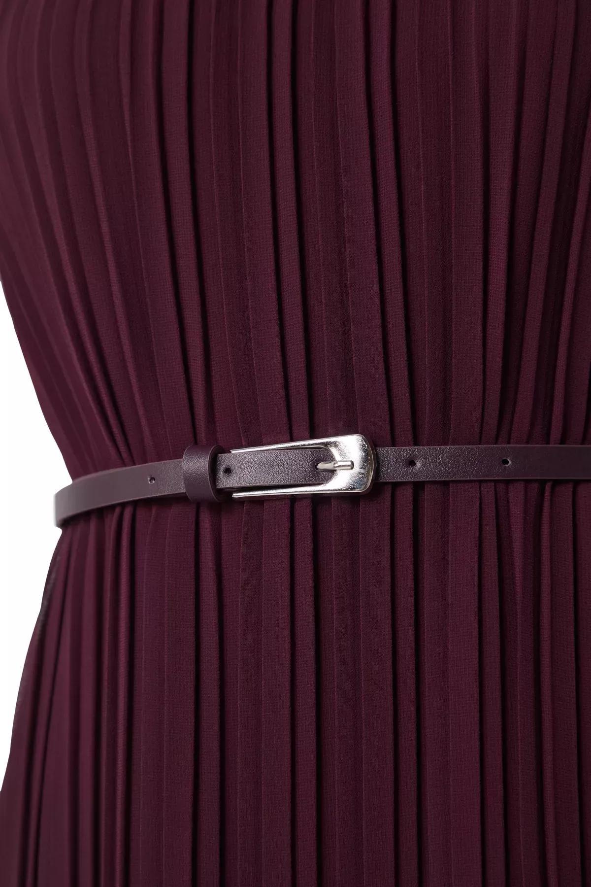 Burgundy Belted Pleated Midi Dress, , large image number 5