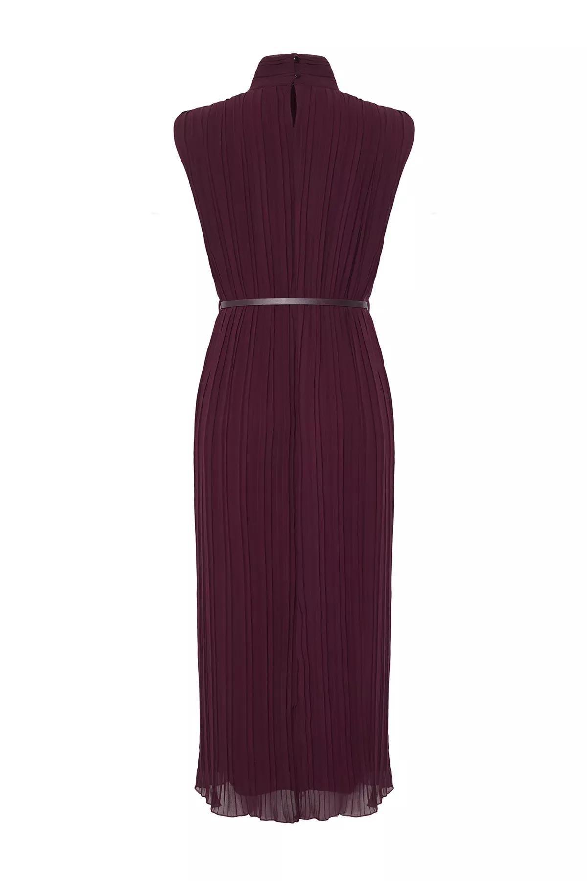 Burgundy Belted Pleated Midi Dress, , large image number 6