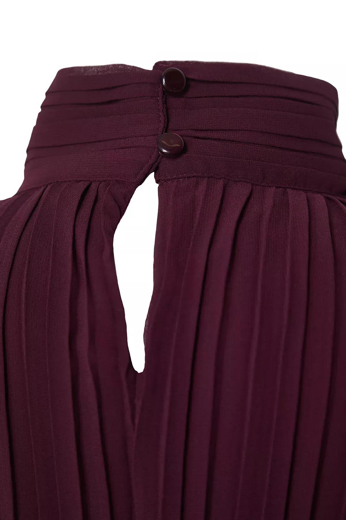 Burgundy Belted Pleated Midi Dress, , large image number 7